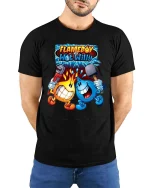 Flameboy Vs Wet Willy Funny Element Battle Cartoon T Shirt - model wearing black tee with hands behind back