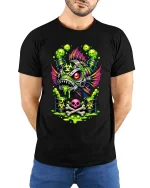 Toxic Mutant Fish Graphic T-Shirt - model wearing black tee with hands behind back