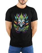 Botanical Alien Skull Graphic T-Shirt - model wearing black tee with hands behind back