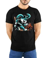 Savage Bunny Baseball Cartoon Funny Mascot Graphic T Shirt - model wearing black tee with hands behind back