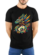 Vibrant Aztec Quetzal Serpent Tribal Mythology Graphic Tee - model wearing black tee with hands behind back