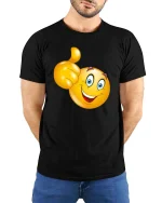 Funny Thumbs Up Smiley Face Cartoon Graphic T Shirt - model wearing black tee with hands behind back