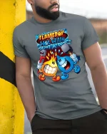 Flameboy Vs Wet Willy Funny Element Battle Cartoon T Shirt - model wearing grey tee, leaning on column