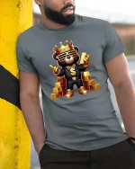 King Money Bear Graphic T Shirt - model wearing grey tee, leaning on column