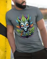 Botanical Alien Skull Graphic T-Shirt - model wearing grey tee, leaning on column