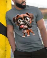 Funny Boxer Dog Tongue Out Cartoon Puppy Graphic T Shirt - model wearing grey tee, leaning on column