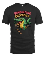 Bombardino Crocodilo Funny Crocodile Aviation Cartoon Tee - black t-shirt on white background