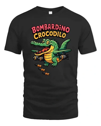 Bombardino Crocodilo Funny Crocodile Aviation Cartoon Tee - black t-shirt on white background