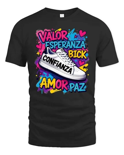 Valor Esperanza Confianza Amor Paz Graffiti Sneaker T-Shirt - black t-shirt on white background