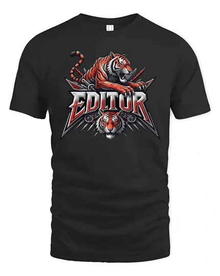 Fierce Tiger Editor Graphic T-Shirt for Video Editors - black t-shirt on white background