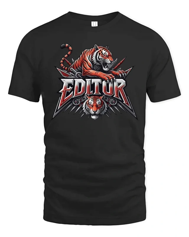 Fierce Tiger Editor Graphic T-Shirt for Video Editors - black t-shirt on white background