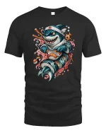 Funny Sushi Shark Cartoon Graphic T-Shirt for Sushi Lovers - black t-shirt on white background