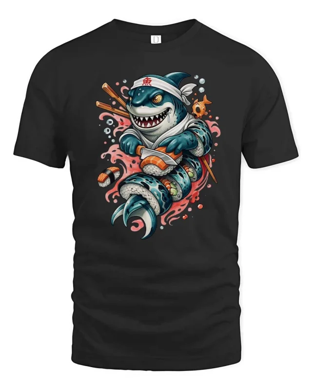 Funny Sushi Shark Cartoon Graphic T-Shirt for Sushi Lovers - black t-shirt on white background