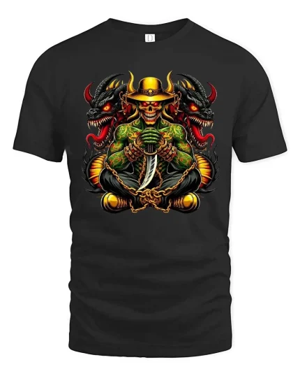 Dark Skull Cowboy Dragon Graphic T-Shirt Gothic Fantasy Tee - black t-shirt on white background