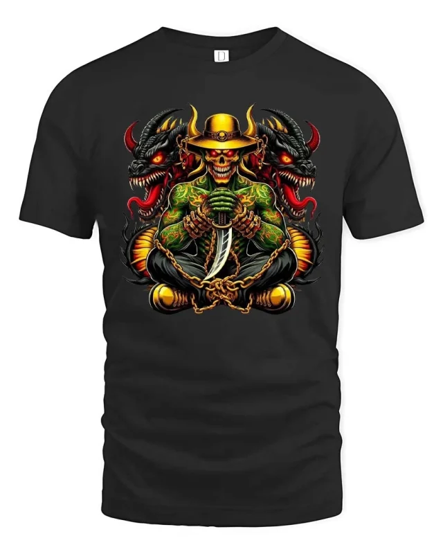 Dark Skull Cowboy Dragon Graphic T-Shirt Gothic Fantasy Tee - black t-shirt on white background