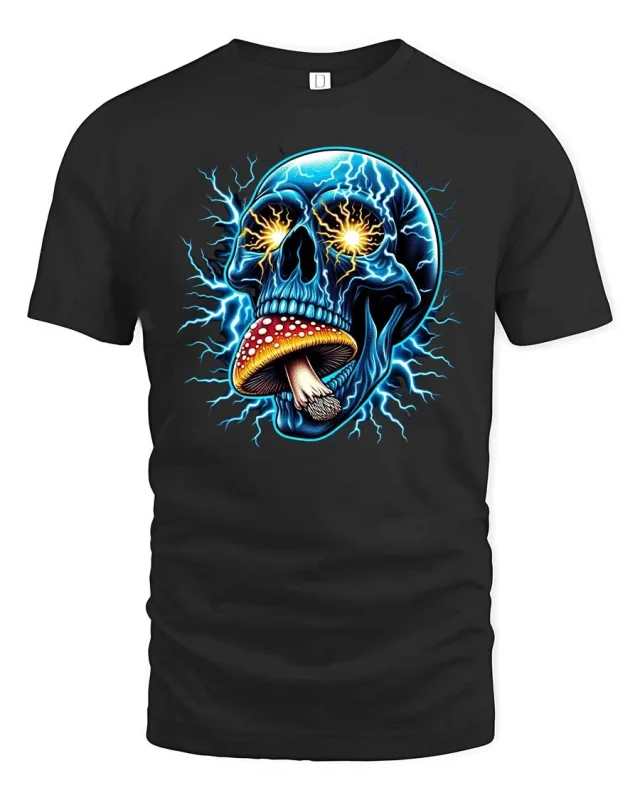 Electric Skull Mushroom Psychedelic Graphic T-Shirt Trippy Tee - black t-shirt on white background