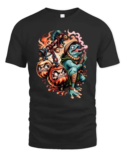 Frog Warrior With Daruma Fire Graphic T Shirt Mystic Street Art - black t-shirt on white background