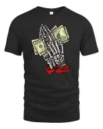 Skeleton Hands Money Prayer Graphic T Shirt Street Hustle Art - black t-shirt on white background