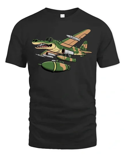 Crocodile Warplane Cartoon Graphic T Shirt Military Humor Art - black t-shirt on white background