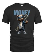 Funny Money Bear Graphic T Shirt Hip Hop Cash Cartoon Tee - black t-shirt on white background