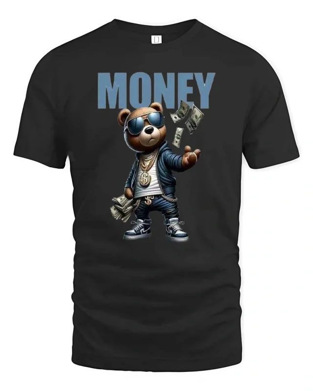 Funny Money Bear Graphic T Shirt Hip Hop Cash Cartoon Tee - black t-shirt on white background