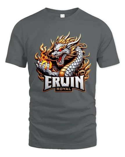 Erwin Royal Dragon Warrior Graphic T Shirt Fantasy Flame Power - gray t-shirt on white background