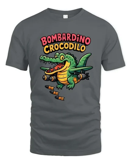 Bombardino Crocodilo Funny Crocodile Aviation Cartoon Tee - gray t-shirt on white background