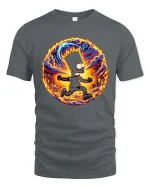 Flaming Chaos Cartoon Runner Street Art Graphic T-Shirt - gray t-shirt on white background