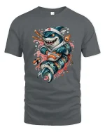 Funny Sushi Shark Cartoon Graphic T-Shirt for Sushi Lovers - gray t-shirt on white background