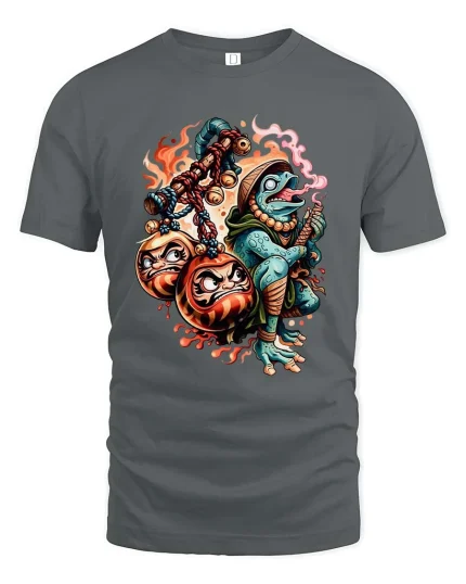 Frog Warrior With Daruma Fire Graphic T Shirt Mystic Street Art - gray t-shirt on white background