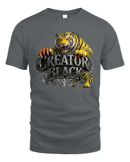 Creature Black Tiger Graphic T Shirt Fierce Wild Power Style - gray t-shirt on white background