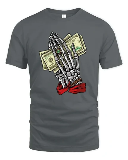 Skeleton Hands Money Prayer Graphic T Shirt Street Hustle Art - gray t-shirt on white background