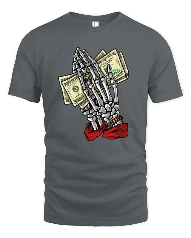 Skeleton Hands Money Prayer Graphic T Shirt Street Hustle Art - gray t-shirt on white background