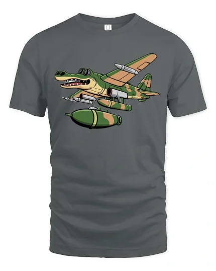 Crocodile Warplane Cartoon Graphic T Shirt Military Humor Art - gray t-shirt on white background
