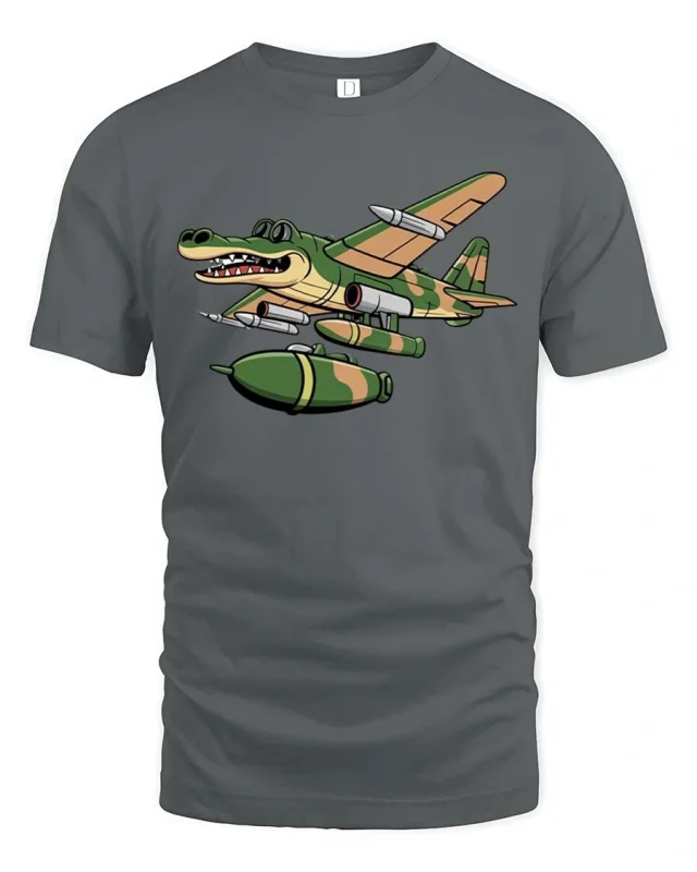 Crocodile Warplane Cartoon Graphic T Shirt Military Humor Art - gray t-shirt on white background