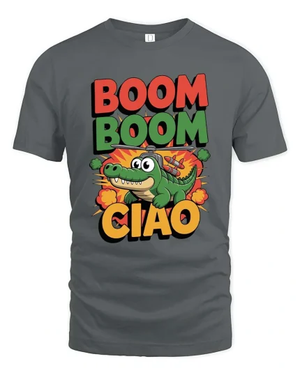 Funny Boom Boom Ciao Alligator Helicopter Cartoon T Shirt - gray t-shirt on white background