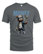Funny Money Bear Graphic T Shirt Hip Hop Cash Cartoon Tee - gray t-shirt on white background