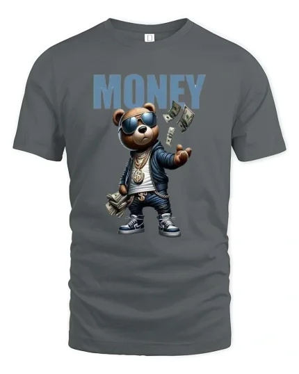 Funny Money Bear Graphic T Shirt Hip Hop Cash Cartoon Tee - gray t-shirt on white background