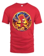 Flaming Chaos Cartoon Runner Street Art Graphic T-Shirt - red t-shirt on white background