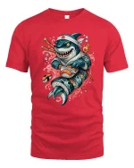 Funny Sushi Shark Cartoon Graphic T-Shirt for Sushi Lovers - red t-shirt on white background