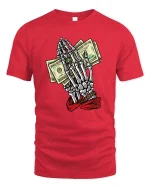 Skeleton Hands Money Prayer Graphic T Shirt Street Hustle Art - red t-shirt on white background