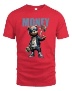 Funny Money Bear Graphic T Shirt Hip Hop Cash Cartoon Tee - red t-shirt on white background