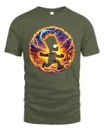 Flaming Chaos Cartoon Runner Street Art Graphic T-Shirt - military green t-shirt on white background