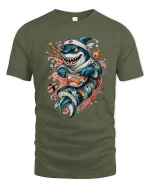 Funny Sushi Shark Cartoon Graphic T-Shirt for Sushi Lovers - military green t-shirt on white background