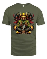 Dark Skull Cowboy Dragon Graphic T-Shirt Gothic Fantasy Tee - military green t-shirt on white background