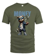 Funny Money Bear Graphic T Shirt Hip Hop Cash Cartoon Tee - military green t-shirt on white background