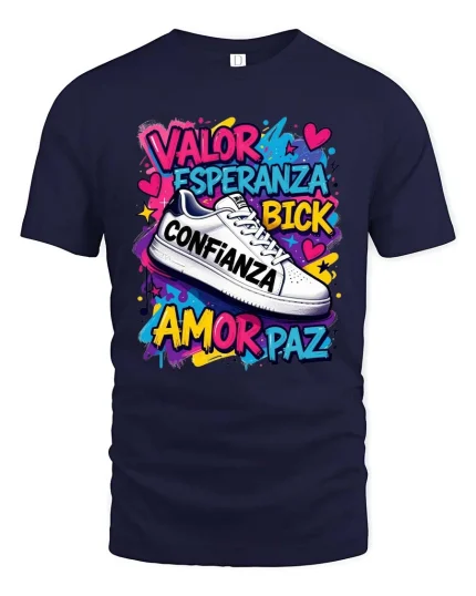 Valor Esperanza Confianza Amor Paz Graffiti Sneaker T-Shirt - navy t-shirt on white background