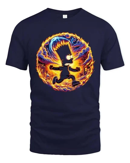 Flaming Chaos Cartoon Runner Street Art Graphic T-Shirt - navy t-shirt on white background