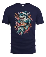 Funny Sushi Shark Cartoon Graphic T-Shirt for Sushi Lovers - navy t-shirt on white background
