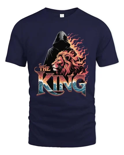 The King Lion Graphic T-Shirt Powerful Lion King Artwork Tee - navy t-shirt on white background